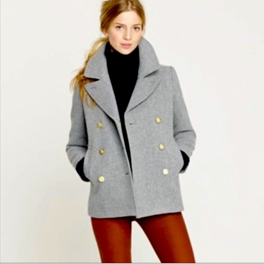 J. Crew Pea Coat Stadium Cloth Nello Gori Gray Gold Button Jacket size 8